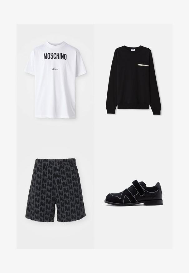 Zwarte sweatshirt met lange mouwen, geribbelde manchetten, een ronde halslijn en een voorzak met een zilveren accent en logodetail.; Witte katoenen T-shirt met bold zwarte "MOSCHINO" tekst boven de kleinere tekst "Milano". Klassieke ronde hals en korte mouwen.; Fuzzy zwarte en grijze shorts met een textuurpatroon dat lijkt op de letter "M." Voorzien van een tailleband met een knoop en zijzakken.; Zwarte herenschoenen met klittenbandsluiting, veters, suède- en lederen materialen, en een lage hak tegen een effen witte achtergrond.