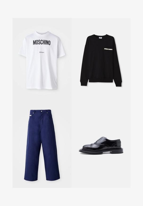 Sort sweatshirt med lange ærmer, ribbede manchetter, rund halsudskæring og en frontlomme med sølvdetalje og logo.; Hvid bomulds T-shirt med fed sort "MOSCHINO" tekst over mindre "Milano" tekst. Klassisk rund halsudskæring og korte ærmer.; Bredde ben bukser i marineblå, lavet af blødt stof. Har en knaplukning og frontlommer, med en ren finish og ingen synlige mønstre.; Sort poleret læder broguesko med vingetip-perforering og stablet hæl, vist i sideprofil mod en hvid baggrund.