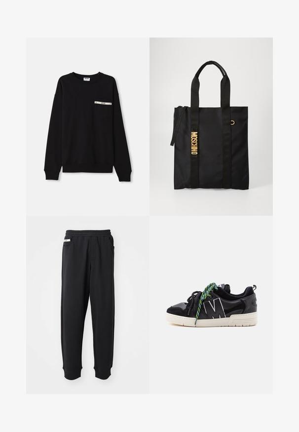 Sort sweatshirt med lange ærmer, ribbede manchetter, rund halsudskæring og en frontlomme med sølvdetalje og logo.; Sorte sweatpants lavet af blødt stof, med elastisk talje, sidelommer og ribbede manchetter ved anklerne. Minimalistisk design.; Sort lavtop sneaker med hvid sål, stort hvidt omrids "M" på siden og mismatchede sorte og grønne mønstrede snørebånd.; Sort tote taske lavet af glat stof med to sorte håndtag, prydet med et guld "MOSCHINO" logo og en lynlåslukning.