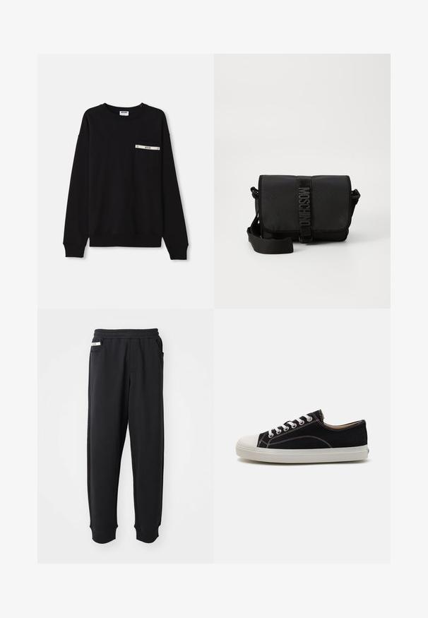 Sweatshirt noir à manches longues, avec des poignets à côtes, un col rond et une poche avant ornée d'un accent argenté et d'un logo.; Pantalons de survêtement noirs en tissu doux, avec une taille élastique, des poches latérales et des poignets côtelés aux chevilles. Design minimaliste.; Baskets noires en toile avec bouts et semelles en caoutchouc blancs, dotées de lacets blancs et de coutures contrastées. Design bas.; Sac bandoulière noir en nylon avec rabat, doté d'une fermeture à bande logo proéminente, d'une bandoulière réglable et de détails de surpiqûres sur les côtés.