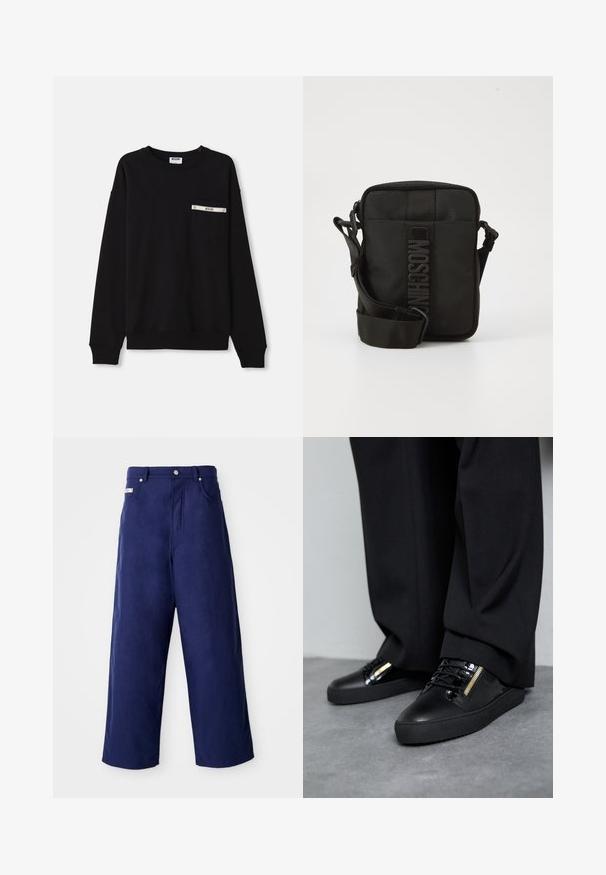 Schwarzes Sweatshirt mit langen Ärmeln, gerippten Bündchen, einem runden Halsausschnitt und einer Fronttasche mit silbernem Akzent und Logodetail.; Weite Hosen in Marineblau, aus weichem Stoff gefertigt. Mit einem Knopfverschluss und Fronttaschen, in einem klaren Finish ohne sichtbare Muster.; Schwarze Ledersneakers mit glänzenden Akzenten, strukturierten Schnürsenkeln und einem Reißverschluss-Detail; kombiniert mit dunklen, locker sitzenden Hosen auf einem grauen Boden.; Kompakte schwarze Umhängetasche mit verstellbarem Tragegurt und vertikalem MOSCHINO-Logo auf dem mittleren Frontpanel vor weißem Hintergrund.