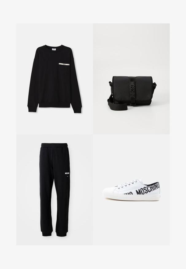 Sudadera negra de manga larga, con puños acanalados, escote redondo y un bolsillo frontal que presenta un detalle plateado y un logo.; Pantalones de chándal negros con un corte relajado, hechos de una tela suave. Presentan una cintura elástica y el logo blanco de "Moschino" en el muslo izquierdo.; Zapatilla blanca de perfil bajo con cordones blancos y texto negro "MOSCHINO" parcialmente visible en el lateral y el talón.; Bolso cruzado negro de nailon con solapa, que cuenta con un cierre de cinta con logo prominente, correa ajustable y detalles de costura lateral.