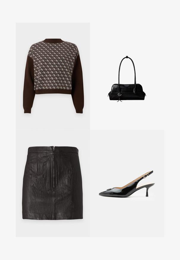 Brun langærmet sweater med mønster af hvide diamanter og logo-motiver på forsiden, rund halsudskæring og ribstrikkede manchetter og kant.; Sort læder mini-skirt med lynlås foran og subtile lodrette sømdetaljer på en ensfarvet baggrund.; Sort patentlæder slingback hæl med spids tå, lille kitten hæl og sølvspænde på en ensartet hvid baggrund.; Sort skuldertaske i krokodillelæder med lange stropper og lille sølvlogo-charm på den ene strop.