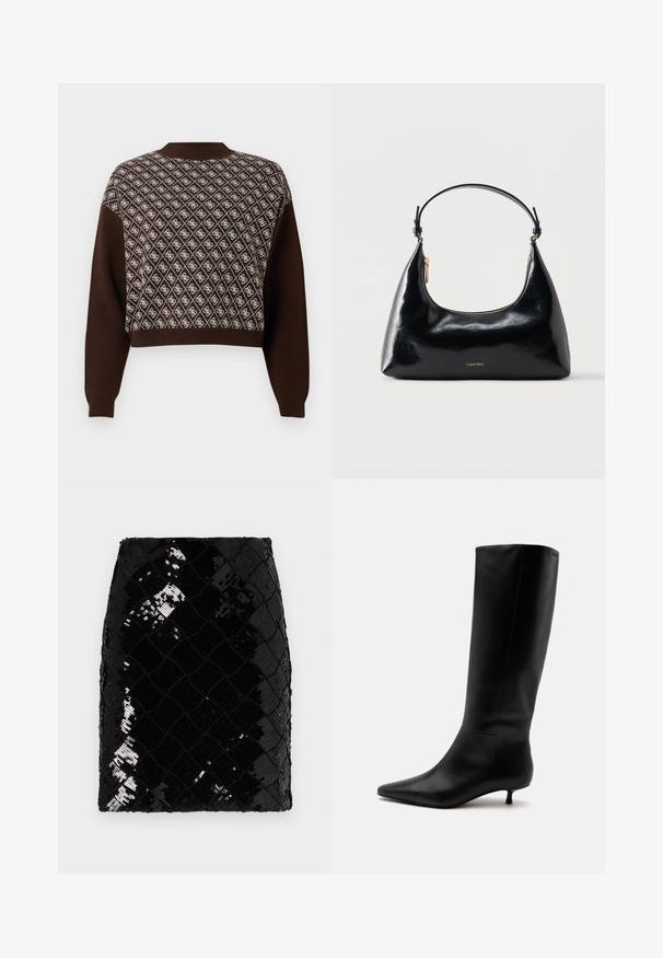 Brun langærmet sweater med mønster af hvide diamanter og logo-motiver på forsiden, rund halsudskæring og ribstrikkede manchetter og kant.; Sort glitrende miniskørt med diamantmønster, tekstureret overflade og tætsiddende silhuet. Simpel talje ved toppen.; Sort læder knæhøj støvle med spids snude og lav kittenhæl mod en ensfarvet lys baggrund.; Sort blank Calvin Klein håndtaske med gyldent lynlås og kort rem mod en ensfarvet hvid baggrund.