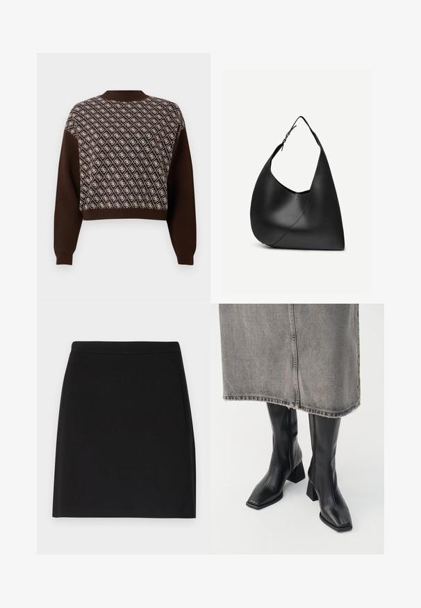 Pull marron à manches longues avec motif losange blanc et logos sur le devant, col rond, poignets et ourlet côtelés.; Jupe noire au design simple, avec une texture lisse et une taille ajustée. Inclut une poche latérale pour plus de fonctionnalité.; Bottes noires montantes en cuir lisse avec un bout carré et un talon bloc. Portées avec une jupe en denim grise à l'ourlet effiloché.; Sac à épaule en cuir noir avec forme triangulaire incurvée, une seule sangle ajustable, et une couture diagonale visible à l'avant.