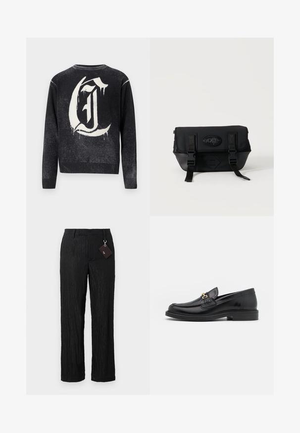 Sort crewneck trøje med et stort hvidt gotisk bogstav "G" på ryggen, der har en dryppende maleffekt.; Sorte, teksturerede bukser med vide ben, glat overflade og synlige sømme; inkluderer et mærke fastgjort med en sølvhardware løkke.; Sorte læder loafers med en rund tå, der har guld hardware accent og syningsdetaljer, placeret på en lav, tekstureret gummisål.; Sort Moschino crossbody-taske med forreste klap, to spænstropper og logoemblem på en ensartet lys baggrund.