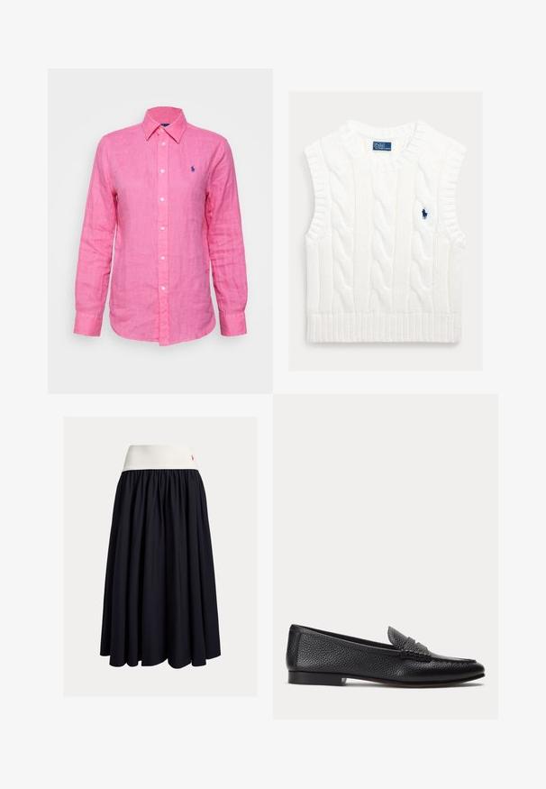 Hvid ærmeløs kabelstrikket sweater med ribbet kant. Har en lille, broderet blå logo på brystet. Tekstureret, blødt stof.; Langærmet, krave skjorte i lys pink linned, med et lille blåt logo på venstre bryst og hvide knapper ned foran.; Knælang nederdel i mørk marineblå stof med en hvid elastisk taljebånd. Med plisseret design og en lille rød logoaccent.; Sort tekstureret læderloafer med lav hæl og klassisk penny-stropdetalje, vist i profil mod en ensfarvet lys baggrund.