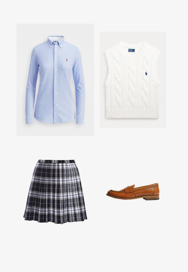 Suéter blanco sin mangas de punto con cable y dobladillo acanalado. Presenta un pequeño logo azul bordado en el pecho. Tela texturizada y suave.; Camisa de botones a rayas azul claro y blanca con cuello, mangas largas y un pequeño logo bordado en la parte izquierda del pecho.; Falda plisada a cuadros en negro y gris con cintura, la textura del tejido es suave, presentando líneas horizontales y verticales de diferentes anchos.; Mocasín de cuero marrón con tacón plano, punta redonda y una correa decorativa a través del empeine. Textura lisa con detalle de costura en contraste.