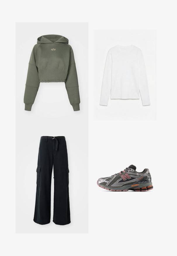 Alpha Industries WAISTED HOODY - Hættetrøje - dark olive; Helt hvid langærmet t-shirt med rund hals lagt fladt på en hvid overflade, der viser fronten og hele ærmelængden.; Sorte bredbenede cargo-bukser lavet af bomuld med et bånd, der kan bindes, og som har to sidelommer samt en glat stofstruktur.; Grå netløbesko med lyserøde og sorte detaljer, tekstureret overflade, forstærket tå og synlig støddæmpningsteknologi i sålen.