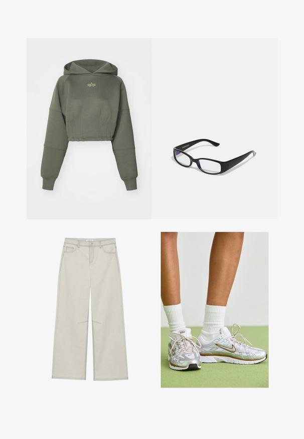 Alpha Industries WAISTED HOODY - Hoodie - dark olive; Lichtgrijze wijde broek met vijf zakken, sluiting met een knoop aan de voorkant en contrasterende stiksels langs de naden. De stof lijkt zacht en duurzaam te zijn.; Zilveren sportschoenen met witte en gouden accenten, voorzien van een mesh bovenkant, rubberen zool en een reflecterende afwerking. Sokken zichtbaar boven de enkel.; Zwarte rechthoekige bril met heldere glazen. Glanzende afwerking, smalle veren en paarse tint zichtbaar aan de randen van de glazen.