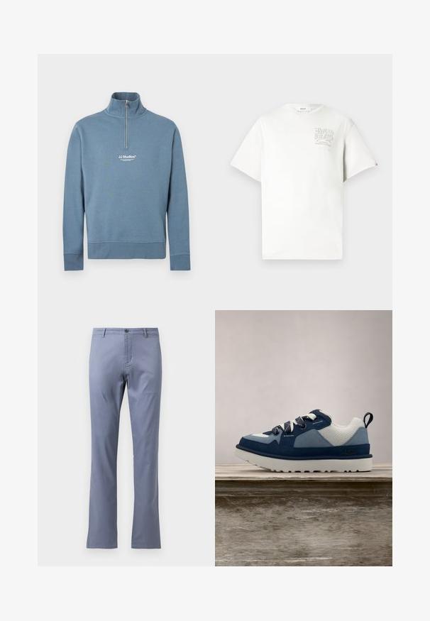 Blaues Sweatshirt mit langen Ärmeln, halbem Reißverschluss, hohem Kragen und weißem "JJ Studios"-Logo mittig auf der Brust.; Weißes Baumwoll-T-Shirt mit kurzen Ärmeln, ausgestattet mit einem grauen Drucklogo auf der linken Brust. Rundhalsausschnitt, lockere Passform und minimale Akzente.; Helle blaue Baumwollhose mit geradem Schnitt, flachem Vorderteil, Gürtelschlaufen und einem einzigen Knopfverschluss an der Taille. Keine sichtbaren Muster.; Blau-weißer Sneaker mit einem oberen aus Mesh, Wildlederakzenten, runden Schnürsenkeln und einer klobigen weißen Sohle, über einer Holzoberfläche schwebend.