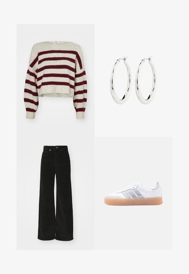 Crème en bordeaux gestreepte cropped sweater met een brede halslijn, verlaagde schouders en ribbels aan de mouwen. Gemaakt van een zachte gebreide stof.; Zwarte corduroy wijde broek met een hoge taille, voorzien van twee voorkruimels en een metalen knoopsluiting. Textiel met verticale ribbels.; Witte lage sneaker met gumzool, zilverkleurige gestreepte zijkanten en veterluiting, afgebeeld tegen een effen lichte achtergrond.; Zilveren oorbellen in de vorm van een gladde, glanzende ring. Circulaire vorm, voorzien van een veilige sluiting. Eenvoudig en elegant ontwerp.