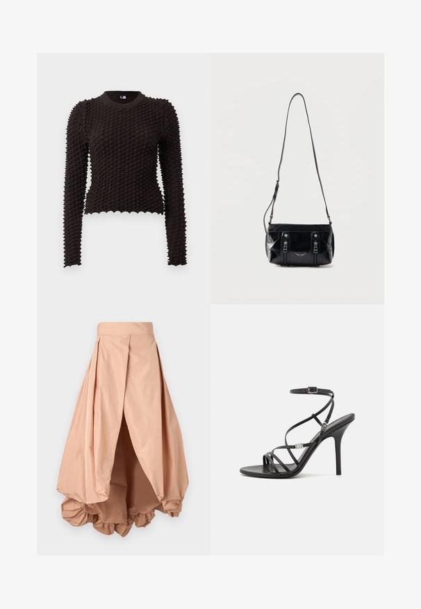 Langærmet sweater i mørkebrun med tekstureret, hævet mønster, ribbet rund halsudskæring og cropped kant med bølget kant.; Peachfarvet puffskørt lavet af letvægtsstof, med en samlet søm og plisseret design i taljen for en voluminøs silhuet.; Sort højhælet sandal med tynde stropper, en ankelspænde, en glat læderoverflade og en slank stilethæl.; Sort skuldertaske i læder med justerbar rem, to lodrette lynlåse foran og et lille metalvinge-emblem under lynlåsene.