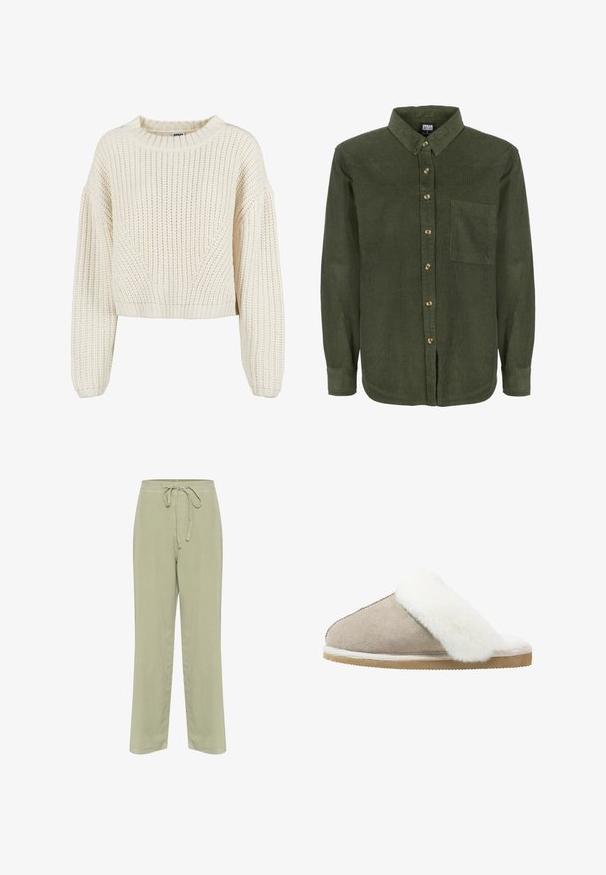 Chunky gebreide crèmekleurige trui met een ronde halslijn, brede mouwen, geribbelde manchetten en een textuurpatroon. Verkorte stijl.; Olijfgroene corduroy shirt met een button-down kraag, voorzien van een borstzak en bruine knopen aan de voorkant. Zachte textuur, lange mouwen.; Lichtgroene linnen broek met een trekkoord in de taille, wijd been ontwerp en zijzakken. Zachte textuur en eenvoudige constructiedetails.; Suède instapper in lichtbeige met een witte fluffy bontband over de bovenkant, met een gestructureerde buitenzool voor grip en comfort.