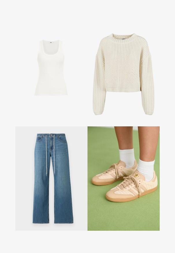 Chunky strik creme trøje med rund halsudskæring, brede ærmer, ribbede manchetter og et struktureret mønster. Korte design.; Hvid ribbet tanktop med rund halsudskæring og brede stropper. Stoffet ser strækbart og tætsiddende ud, velegnet til lag-på-lag eller afslappet brug.; Blå vide jeans med forreste knapper, lynlås og hvid snor i taljen, med for- og baglommer.; Fødder iført beige vævede Adidas sneakers med gummisåler og hvide ankelsokker på en grøn struktureret gulv.