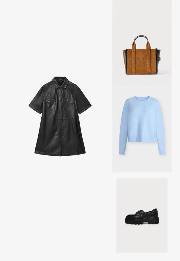 Lichtblauwe, cropped trui gemaakt van zachte, gestructureerde stof. Voorzien van lange mouwen en een geribde halslijn en zoom. Klassiek ontwerp met ronde hals.; Zwarte leren shirtjurk met korte mouwen, kraag, twee borstzakken en een sluiting met knopen aan de voorkant. Soepele textuur met geknipte naden.; Zwarte leren platformschoen met veters, dikke robuuste zool en klein gouden embleem aan de zijkant, getoond in rechter zijaanzicht.; Bruin suède en leren Marc Jacobs schoudertas met dubbele handvatten en het geperste merknamen op het midden van de voorkant.