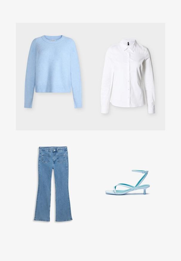 Lichtblauwe, cropped trui gemaakt van zachte, gestructureerde stof. Voorzien van lange mouwen en een geribde halslijn en zoom. Klassiek ontwerp met ronde hals.; Witte blouse met lange mouwen en knoopsluiting, met een puntige kraag, plat neergelegd op een lichtgrijze achtergrond.; Lichtblauwe jeans met wijde pijpen, voorzakken met klep, knoopsluiting en lussen voor een riem, maat 27/32.; Lichtblauwe sandaal met bandjes, vierkante teen, lage hak, verstelbare enkelband en een gladde, glanzende afwerking. Kruisende bandjes op de voetbed.