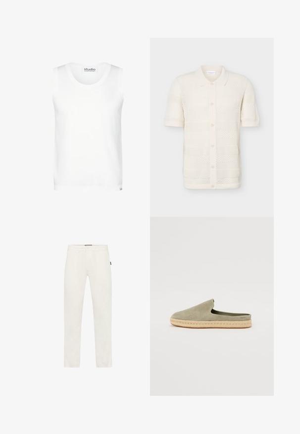 Débardeur blanc sans manches avec col rond, étiquette studio Seidensticker au niveau du cou et de l'ourlet, présenté sur un fond uni.; Chemise en tricot crème à manches courtes avec col et boutons sur le devant, présentant un motif texturé à tissage ouvert et des bordures unies aux manches et à l'ourlet.; Pantalon blanc slim avec passants de ceinture, fermeture boutonnée, poches avant et une petite étiquette noire sur le côté droit des hanches.; Chaussure slip-on en suede vert avec une semelle en jute de style espadrille. Bout arrondi et design à talon ouvert. Marquage subtil sur le côté.