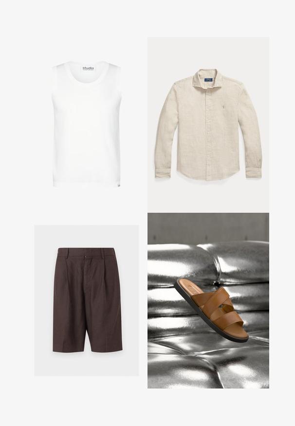 Débardeur blanc sans manches avec col rond, étiquette studio Seidensticker au niveau du cou et de l'ourlet, présenté sur un fond uni.; Chemise beige à manches longues avec boutons, col, petit motif à carreaux et logo Polo Ralph Lauren brodé sur la poitrine.; Shorts sur mesure marron foncé longueur genou avec passants de ceinture et plis devant, présentés sur un fond clair uni.; Sandale slide en cuir marron avec deux larges brides et une semelle noire flottant au-dessus d'une surface capitonnée argent métallique brillante.