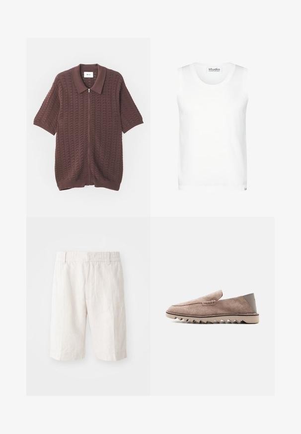 Débardeur blanc sans manches avec col rond, étiquette studio Seidensticker au niveau du cou et de l'ourlet, présenté sur un fond uni.; Chemise zippée à manches courtes de couleur bordeaux en tricot, avec un motif de vagues texturé et un col ouvert, dotée de poignets et d'un ourlet côtelés.; Shorts en lin beige clair avec une taille élastique, poches latérales et une coupe droite. Texture lisse avec des coutures minimales visibles.; Mocassin en daim marron clair avec semelle en caoutchouc en zigzag et patch talon lisse, vue latérale sur fond blanc uni.