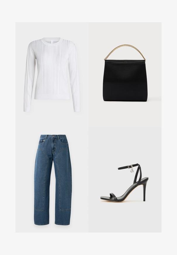 Hvid langærmet ribstrikket sweater med rund halsudskæring og tætsiddende manchetter, vist mod en lysegrå baggrund.; Blå denim jeans med brede ben, store frontlomme, knaplukning og bæltestropper.; Sort hæl-sandal med smal ankrem, firkantet tå-boks, glat lædermateriale og metalspænde som pynt.; Sort taske lavet af glat stof, med en struktureret form, et håndtag med guld kæde og et minimalistisk geometrisk design.