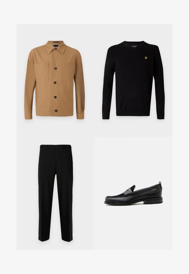 Pull noir à col en V en matière tricotée douce, avec des manches longues et un logo jaune brodé sur la poitrine gauche. Design simple.; BOSS CRAIG - Chemise - medium beige; Pantalon noir en tissu lisse, présentant une coupe droite, deux poches avant et une fermeture à glissière avec bouton.; Mocassin en cuir noir avec détail de bride grise, talon bas et semelle texturée, marqué "HUGO" en or sur le côté.