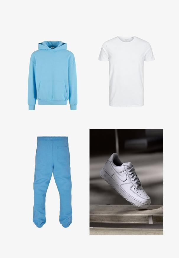 Lyseblå hættetrøje lavet af blødt stof med en frontlomme, justerbar hætte, ribbede manchetter og bund. Enkel, udekoreret design.; Rundhals kortærmet t-shirt i ensfarvet hvid, lavet af blød bomuld, har et simpelt design uden synlige mønstre eller detaljer.; Lyseblå sweatpants lavet af blødt bomuldsstof. Har en elastisk talje, tapered benmanchetter og en baglomme.; Hvid læder Nike Air Force 1 sneaker med perforeret tå, flade snørebånd og tekstureret gummisål med "AIR" branding på siden.