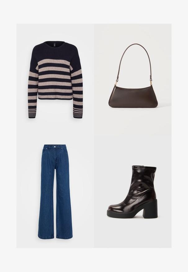 Marineblauwe en beige gestreepte trui met een geribbelde textuur, ronde halslijn en een ontwerp met verlaagde schouders; heeft horizontale en verticale streeppatronen.; Blauwe denim jeans met wijde pijpen en een hoge taille, voorzien van een knoop- en ritssluiting aan de voorkant, en voor- en achterzakken op een effen achtergrond.; Glanzend zwart enkellaarsje met stevige blokhak en ronde neus, gladleren bovenwerk met subtiele stikdetails.; Donkerbruine leren handtas met een gebogen bovenrits en een dunne schouderriem met gouden sluitingen op een effen achtergrond.