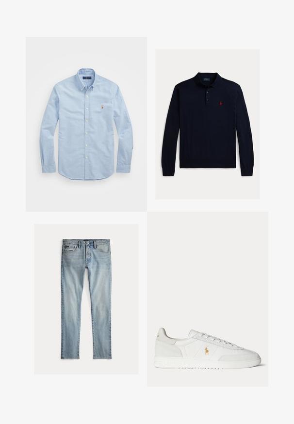 Marineblauw poloshirt met lange mouwen van zachte stof, voorzien van een klassieke kraag, drie knopen en een klein rood paardenlogo op de borst.; Lichtblauwe overhemd met lange mouwen, gemaakt van katoen, met een klassieke kraag en een klein rood geborduurd logo op de borst.; Lichtblauwe spijkerbroek van denim met een klassiek vijfzakkenontwerp, riemlussen en een knoopsluiting, plat neergelegd op een witte achtergrond.; Witte lage sneaker met vetersluiting, gouden Polo Ralph Lauren-logo aan de zijkant en een gestructureerde zool op een effen achtergrond.