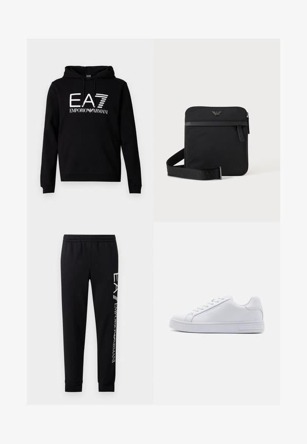 Sort hættetrøje med frontlomme i kængurustil. Med fed hvid tekst "EA7 EMPORIO ARMANI" på brystet. Fremstillet af bomuldsblanding.; Sorte sweatpants lavet af en bomuldsblanding, med elastisk talje, smalle ben, ribbede manchetter og hvidt logo print langs siden.; Hvide lædersneakers med en glat overflade, rund tå, snørebånd foran og flad gummisål. Har prægede branding på hælen.; Sort firkantet skuldertaske med lynlås, frontlomme og justerbar rem med præget brandnavn.