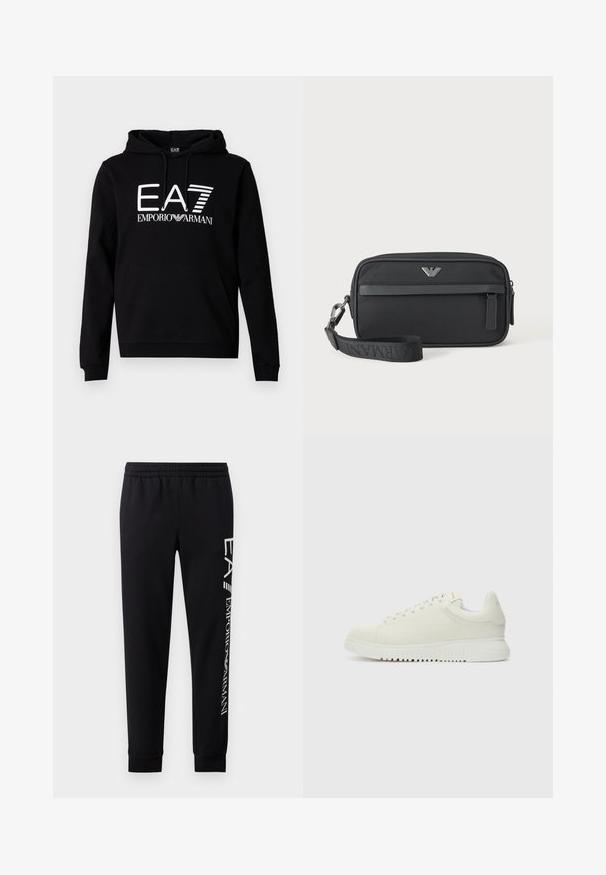 Sudadera negra con capucha y un bolsillo canguro frontal. Presenta un texto blanco en negrita "EA7 EMPORIO ARMANI" en el pecho. Material de mezcla de algodón.; Pantalones de chándal negros hechos de una mezcla de algodón, con una cinturilla elástica, piernas estrechas, puños acanalados y estampado de logo blanco en el lateral.; Zapatilla blanca de cuero con parte superior texturizada, punta redondeada, suela blanca plana y cordones tonales. Marca sutil en la lengüeta.; Bolso de muñeca rectangular negro con bolsillo delantero con cremallera, emblema de logo plateado y correa desmontable con texto de la marca.