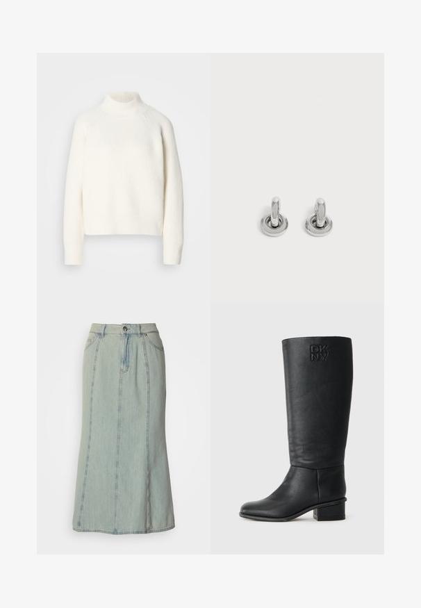 Hvid ribbet turtleneck sweater med en afslappet pasform, der har lange ærmer og en cropped kant, lavet af et blødt, tekstureret strikmateriale.; Lys blå denim midi-nederdel med frontknap, lynlås lukning, bæltestropper og lodrette søm-detaljer.; Sort læderstøvle til knæet med tekstureret overflade, rund tå og lav blokhæl. Har præget DKNY-logo på yderskafteret.; Par små, skinnende sølv hoops med rund base, vist på en ensfarvet lys baggrund.