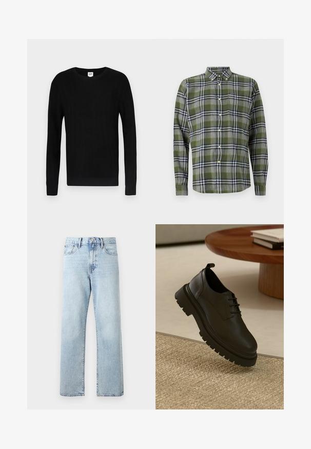 Pull noir avec une texture côtelée, col rond et manches longues. Il présente un design uni et des poignets étroits aux manches et à la taille.; Chemise à carreaux verts en tissu doux, dotée de manches longues, d'un col boutonné et d'une poche poitrine avec un petit logo.; Jean en denim bleu clair taille haute à jambes droites avec poches avant, fermeture par boutons et passants de ceinture sur fond uni.; Chaussure en cuir noir avec une surface texturée, bout rond, design à lacets et semelle en caoutchouc noir épaisse. Flottant au-dessus d'un tapis tissé.