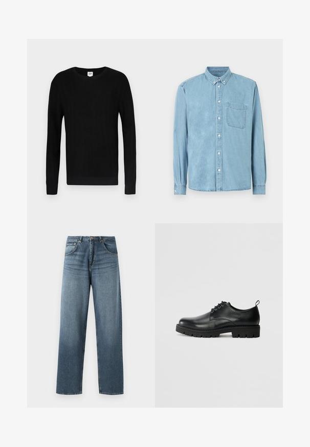 Sort sweater med ribbet tekstur, rund hals og lange ærmer. Har et ensfarvet design og smalle manchetter ved ærmer og talje.; Lyseblå denimskjorte med lange ærmer, knaplukket krave, brystlomme foran og hvide knapper ned langs midten og på manchetterne.; Lige ben blå denim jeans med en falmet vask, der har fem lommers design, metallisk knap og bæltestropper. Struktureret, medium vægt stof.; Sort læder sko med en rund tå, der har snørelukning, solid sort gummisål og en lille hælflap bagpå.