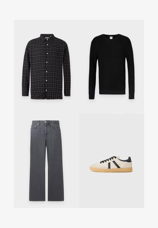 Pull noir avec une texture côtelée, col rond et manches longues. Il présente un design uni et des poignets étroits aux manches et à la taille.; Chemise à carreaux noire en tissu avec des manches longues, un col boutonné et des boutons blancs ; présente un motif en grille avec des lignes grises.; Jean droit taille haute en denim gris foncé avec bouton frontal, fermeture éclair, et design à cinq poches sur fond blanc.; Baskets décontractées en crème avec des rayures noires, présentant un dessus texturé et une semelle en caoutchouc. Les lacets sont noirs. Logo discret sur le côté.