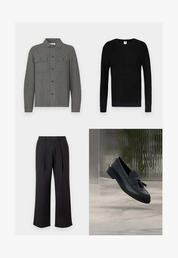 Pull noir avec une texture côtelée, col rond et manches longues. Il présente un design uni et des poignets étroits aux manches et à la taille.; Veste à carreaux gris avec col, fermeture à boutons sur le devant et deux poches poitrine. Fabriquée en tissu texturé, avec des manches longues et une coupe droite.; Pantalons larges noirs en tissu lisse, dotés d'un pli avant, d'une fermeture par bouton et de poches latérales.; Mocassins en cuir noir avec une texture lisse, un bout arrondi et des pampilles décoratives à l'avant. Semelle en caoutchouc flexible avec un petit talon.