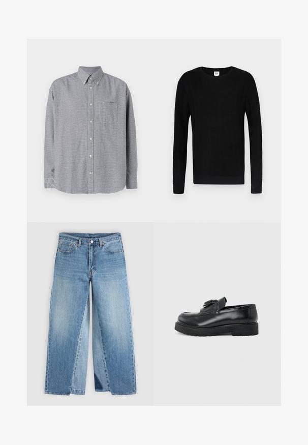 Jersey negro con textura acanalada, cuello redondo y mangas largas. Presenta un diseño sólido y puños estrechos en las mangas y la cintura.; Camisa de botones de manga larga a cuadros en blanco y negro con cuello, un bolsillo en el pecho y dobladillo redondeado. Tejido de algodón, textura suave.; Vaqueros de mezclilla azul con pierna recta, diseño clásico de cinco bolsillos y cierre frontal con botones, mostrados planos sobre un fondo neutro.; Mocasín de cuero negro con borlas, suela de caucho gruesa y tacón bajo, mostrado de perfil sobre un fondo liso.
