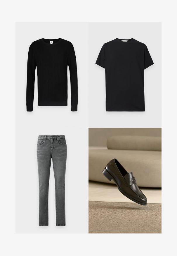 Sort sweater med ribbet tekstur, rund hals og lange ærmer. Har et ensfarvet design og smalle manchetter ved ærmer og talje.; Sort kortærmet t-shirt lavet af blødt bomuldsstof. Rund halsudskæring med en afslappet pasform, der har rene, enkle linjer og ingen synlige mønstre.; Grå denim jeans med straight leg pasform, fem-lomme design, subtilt falmet tekstur og bæltesløjfer. Ingen synlig branding eller pynt.; Sort lædersko med slip-on design, svævende over beige tæppe med beige sofa i baggrunden, der fremhæver klassisk herrestil.