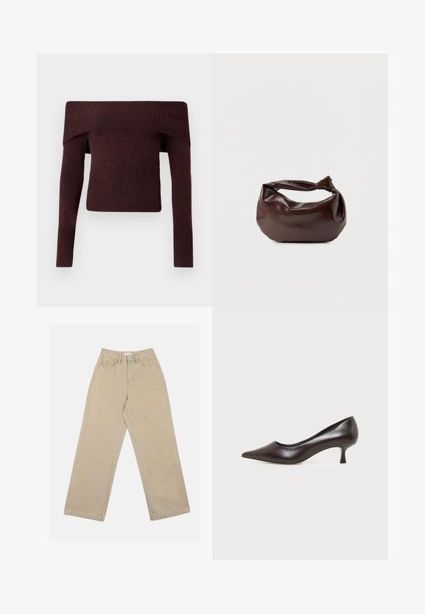 Jersey de punto marrón oscuro con escote barco, mangas largas y puños y bajo acanalados sobre un fondo liso.; Pantalones de mezclilla anchos en color beige, con una cintura alta, bolsillos frontales y costuras en contraste. El diseño incluye un cierre con botón.; Zapato de tacón bajo de cuero marrón oscuro con punta afilada sobre fondo blanco.; Bolso de hombro de cuero marrón oscuro con una forma suave y caída, y un asa con nudo torcido sobre un fondo blanco liso.