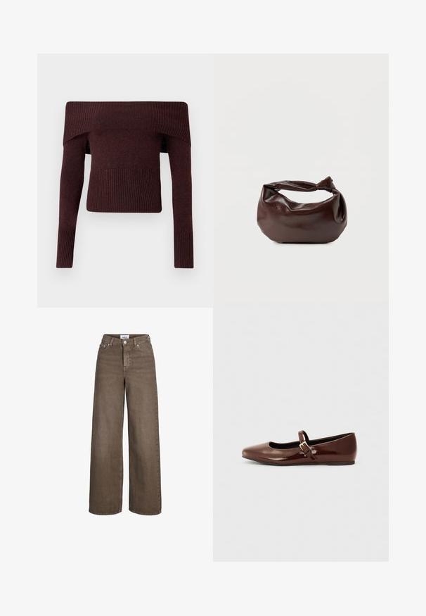 Mørkebrun trøje med bådudskæring, lange ærmer og ribkant ved manchetter og forneden mod en ensfarvet baggrund.; Brune højttaljede viddebenjeans med frontknap og lynlås, for- og baglommer samt bæltestropper.; Brun patentlæder balletflade med firkantet tå og strop med en lille guldbuckle. Glat tekstur, lav hæl og minimalistisk design.; Mørkebrun læder skuldertaske med en blød, afslappet form og et snoet knudehåndtag på en ensartet hvid baggrund.