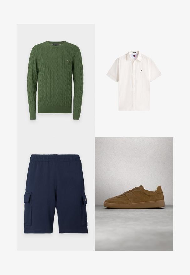 Grøn strikket sweater med et kabelstræk mønster, rund halsudskæring, og ribbede manchetter og kant. Lille logo på brystet.; Hvid kortærmet skjorte med knapper, lavet af tekstureret stof og med lille Tommy Hilfiger-logo på venstre bryst.; Marineblå cargoshorts lavet af blødt stof, med elastisk taljebånd, to sidelommer og et lille logo på venstre lomme.; Brun ruskindsneaker med tanfarvede snørebånd og gummisål. Har en rundet snude og synlige stikninger på overdelen. Letvægtsdesign.
