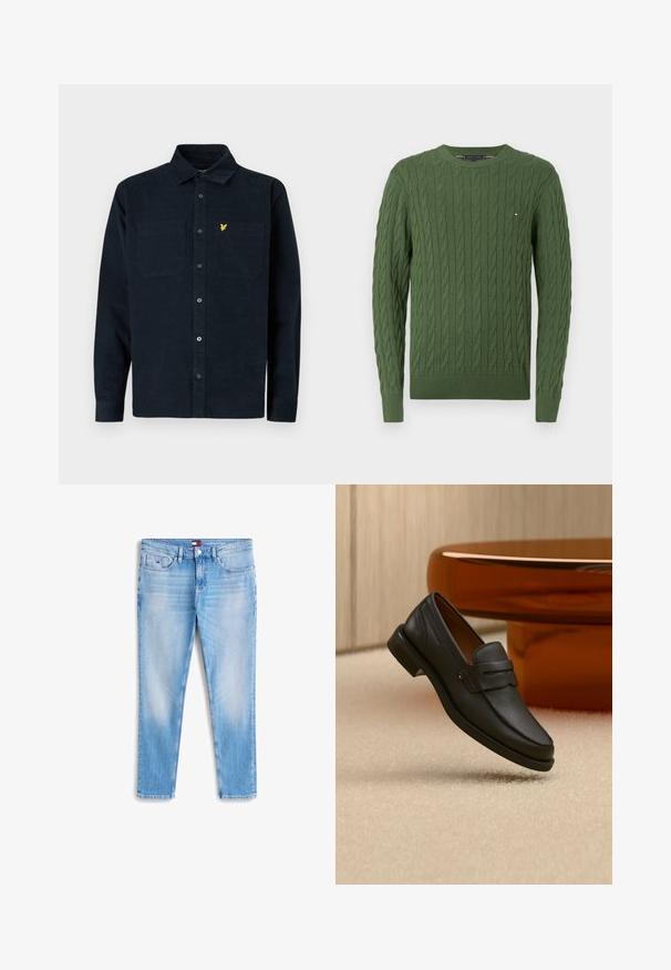 Grøn strikket sweater med et kabelstræk mønster, rund halsudskæring, og ribbede manchetter og kant. Lille logo på brystet.; Mørkeblå kordfløjlsskjorte med knaplukning, to brystlommer og et lille gult logo på venstre lomme.; Lys blå denimjeans med en lige pasform, der har frontlommer, bæltestropper og et lille logo-tag på taljen. Fadede mønsterdetaljer.; Sort læder herreloafer med bånd tværs over toppen, vist på beige tæppe nær et brunt moderne rundt bord.