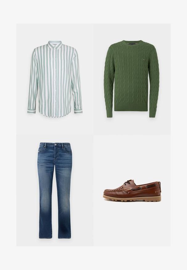 Pull en maille verte avec un motif en torsades, col rond, et poignets et ourlet côtelés. Petit logo sur la poitrine.; Chemise en coton à manches longues avec des rayures verticales vert menthe et blanches, fermeture à boutons, col, poche poitrine simple et ourlet incurvé.; Jeans en denim bleu foncé avec une coupe droite, dotés de poches avant, d'un léger délavage et d'une fermeture à bouton classique à la taille.; Chaussure bateau casual en cuir marron avec bout tissé, détail lacé et semelle en caoutchouc sur fond gris clair.