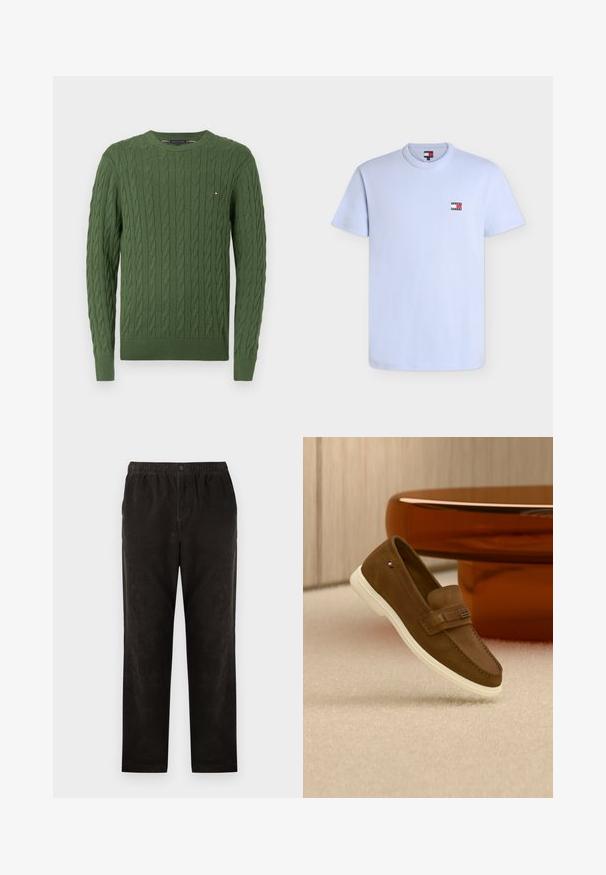 Grøn strikket sweater med et kabelstræk mønster, rund halsudskæring, og ribbede manchetter og kant. Lille logo på brystet.; Lyseblå t-shirt med korte ærmer og rund halsudskæring med lille Tommy Jeans logo-patch på venstre bryst.; Sorte fløjlstræksbukser med lige ben-design, der har en elastisk talje og en enkelt knaplukning. Glat tekstur, minimalistisk detaljer.; Brun ruskind loafer med hvid sål og metal detalje, svævende over let tæppe ved siden af et blankt brunt rundt møbel.