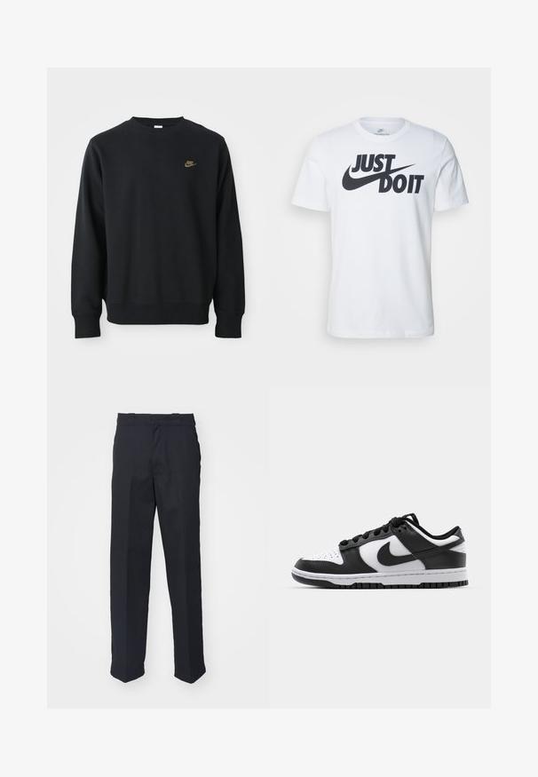 Sort sweatshirt lavet af blødt stof, med rund hals, lange ærmer og et lille guld Nike-logo på brystet.; Hvid bomulds T-shirt med et fremtrædende sort "Just Do It" logo og Nike swoosh. Klassisk crew neck design med korte ærmer.; Sorte skræddersyede bukser med lige ben, fremstillet af glat stof, med et taljebånd med løkker og uden synlige mønstre eller hardware.; Sort og hvid Nike Dunk sneakers med læderoverdel, perforeret tå, sorte snørebånd og en sort gummisål med slidbanedesign.