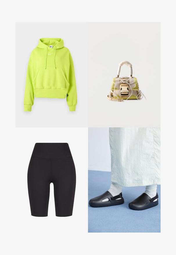 Neon grøn cropped hoodie lavet af blød stof, med en frontlomme, justerbare snore og et hvidt Nike-logo på brystet.; Højtaljede sorte cykelsjorts lavet af strækbart stof, med et sømløst design og subtil branding nær taljen.; Sorte slip-on sko lavet af glat materiale med et afrundet design, der har to sidelufthuller og en bagstrap for en sikker pasform.; Lille beige og gul håndtaske med polstret håndtag, forreste spænde og dekorative snørebånd på glat, lys baggrund.