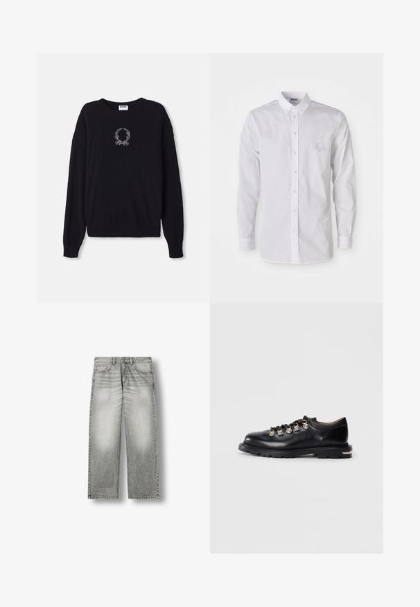 Zwarte trui met ronde hals, lange mouwen en ribgebreide manchetten. Heeft een wit geborduurd krans- en strikdesign op de voorkant.; Witte langemouwen button-up shirt met button-down kraag en subtiele geborduurde logo op de linkerborst.; Grijs verbleekte rechte spijkerbroek met voorzakken, riemlussen en een knoopsluiting op een witte achtergrond.; Zwarte leren lage schoen met dikke zool, metalen oogjes, decoratieve zilveren charmes aan de veters en een gestructureerde loopzool.