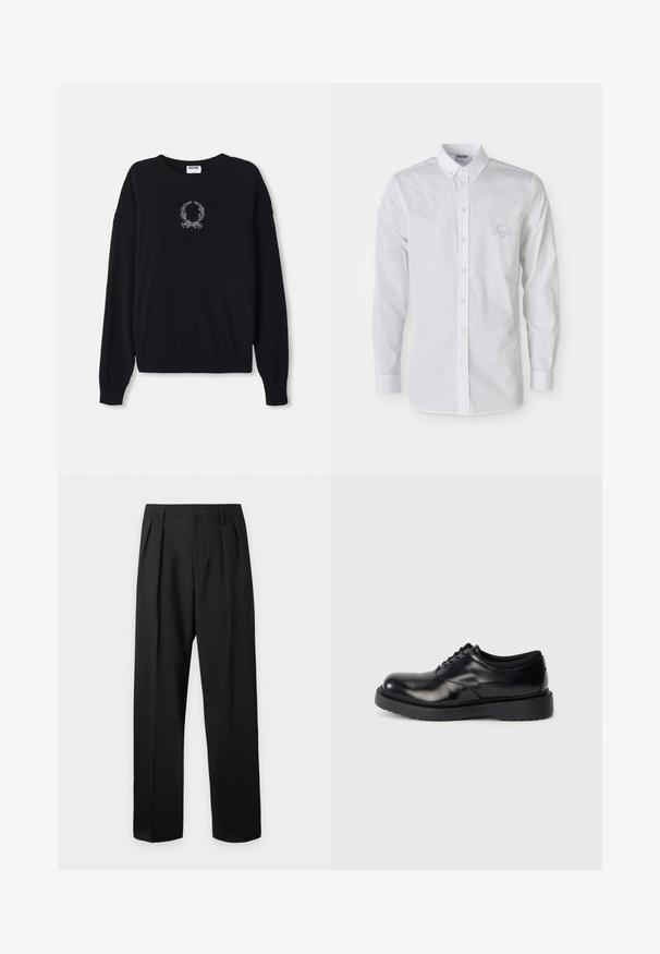 Pull noir à col rond, à manches longues et avec des poignets côtelés. Présente un motif brodé de couronne et de nœud blancs sur le devant.; Chemise blanche à manches longues, à col boutonné, avec un logo brodé discret sur la poitrine gauche.; Pantalon noir taille haute, sur-mesure, avec passants pour ceinture, plis sur le devant, fermeture par bouton et jambes droites larges sur fond clair.; Chaussure en cuir noir à lacets avec un bout rond, surface lisse et une semelle en caoutchouc épaisse dotée de légers rainurages pour une meilleure adhérence.