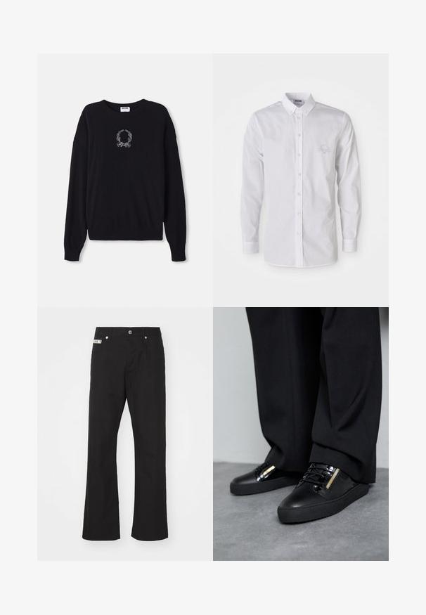 Pull noir à col rond, à manches longues et avec des poignets côtelés. Présente un motif brodé de couronne et de nœud blancs sur le devant.; Chemise blanche à manches longues, à col boutonné, avec un logo brodé discret sur la poitrine gauche.; Pantalons en coton noir avec une coupe droite, dotés d'une fermeture à bouton à l'avant, de deux poches latérales et d'une petite étiquette de marque sur la taille.; Baskets en cuir noir avec des accents brillants, des lacets texturés et un détail de fermeture éclair ; associées à un pantalon sombre et ample sur un sol gris.