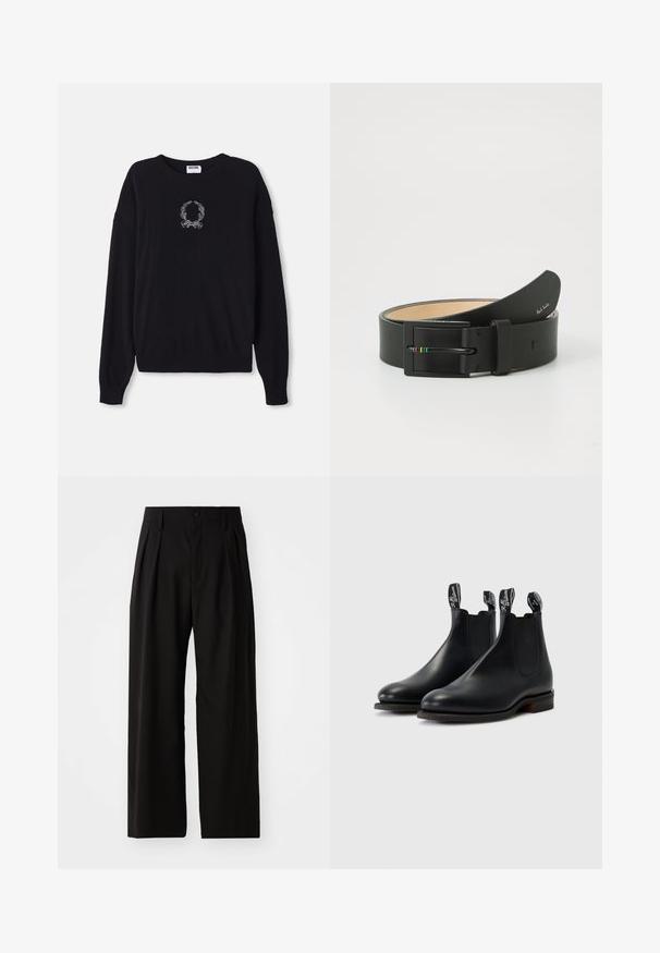 Sort sweater med rund hals, lange ærmer og ribbede manchetter. Har et hvidt broderet krans og sløjfedesign på forsiden.; Sorte bukser med vid ben, der har en glat overflade, to frontplisseringer, knaplukning og sidelommer. Holdbart stof.; Sorte læder chelsea støvler med elastiske sidepaneler, kontrasterende syninger og trækstænger med mærkets logo. Flade gummisåler.; Paul Smith MEN BELT STRIPE BUCKLE - Bælter - black